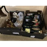 Three boxes of wines and spirits, decanters etc.