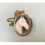 A 9ct gold mounted horse's head cameo and chain total weigh 20 grams