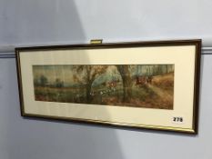 Arthur Willott, pair, watercolours, signed, 'Hunting Scenes', 12 x 45cm