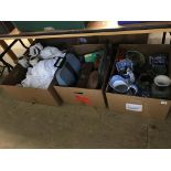 Four boxes of glassware, china, binoculars and typewriter etc.