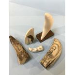 A collection of various whales teeth etc., to include two plain white teeth, one half section