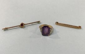 Two 9ct gold brooches and a 9ct gold ring, 8g