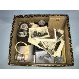 A box of assorted, to include a portrait of a miniature in yellow metal mount etc.