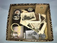 A box of assorted, to include a portrait of a miniature in yellow metal mount etc.