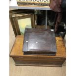 A Clerks desk, mahogany box and three prints