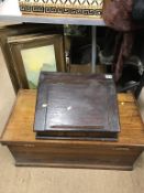 A Clerks desk, mahogany box and three prints