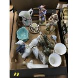 A tray box containing Royal Copenhagen figure of a girl, number 527, Copenhagen geese, and various