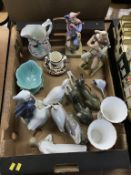 A tray box containing Royal Copenhagen figure of a girl, number 527, Copenhagen geese, and various