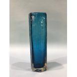 A tall Kingfisher blue Whitefriars Cucumber cased glass vase, designed by Geoffrey Baxter, pattern