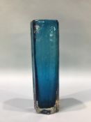 A tall Kingfisher blue Whitefriars Cucumber cased glass vase, designed by Geoffrey Baxter, pattern