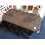 A teak nest of tables, carved Middle Eastern table, occasional table and a blanket box