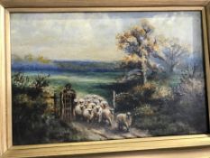 R. Marshall, pair, oil on canvas, signed, 'Flock of sheep being driven down a lane', 23 x 35cm