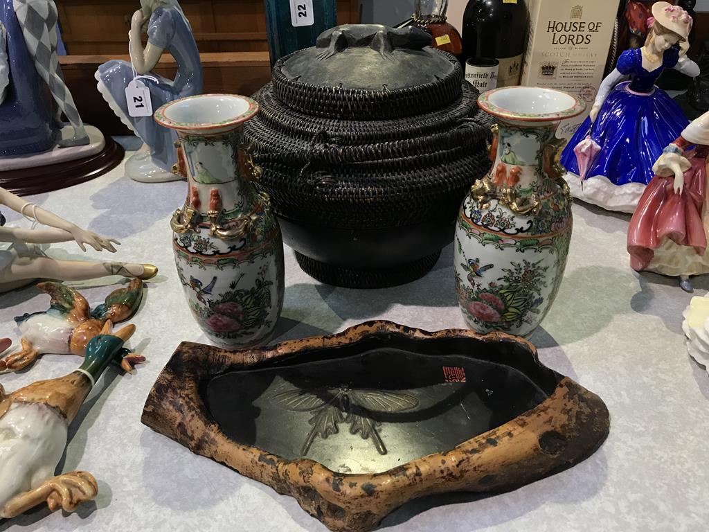 An Oriental basketweave pot, a pair of modern Canton vases and a lacquered tray