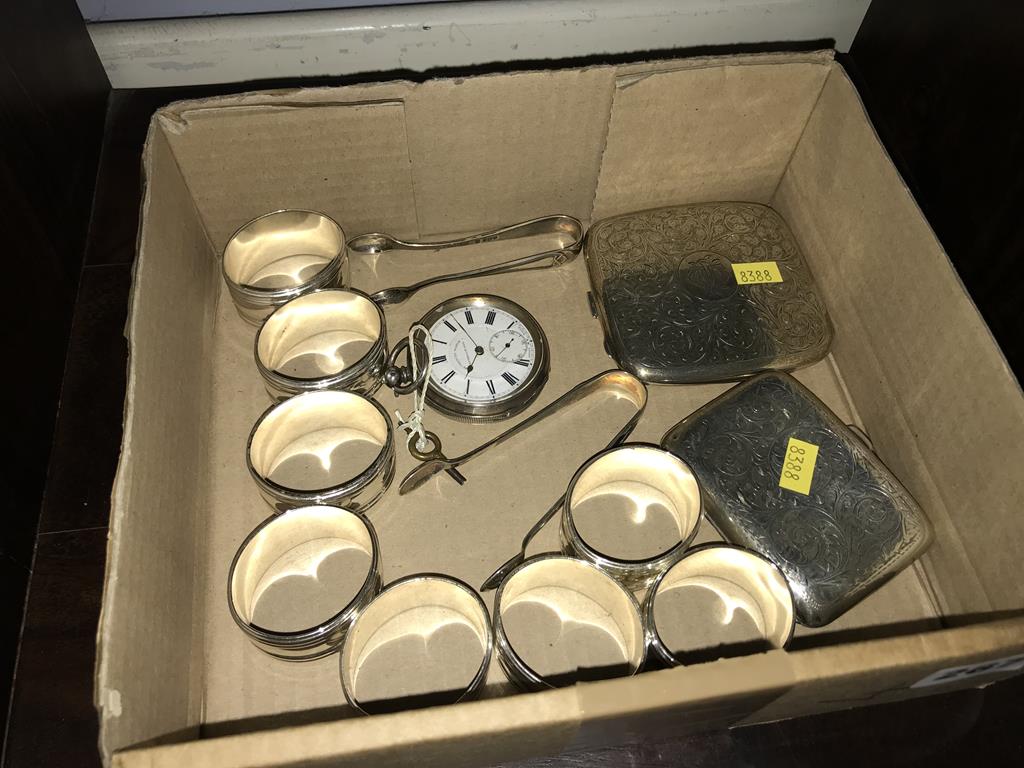 Two silver cigarette cases and a silver pocket watch etc.