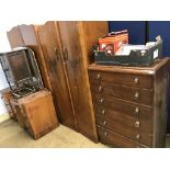 A walnut three piece bedroom suite, an oak barley twist cabinet etc.