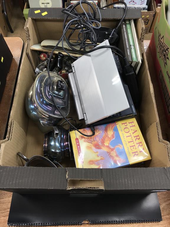 A tray of assorted, to include a silver plate, books, and a Pirelli calendar etc.