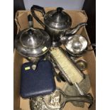 A silver-plated tea set, silver Art Nouveau design dressing table set etc.