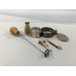 A silver oval locket, a silver thimble, a small enamelled and silver scent bottle etc.