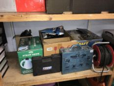 Various tools, to include a Mitre saw and angle grinder etc.