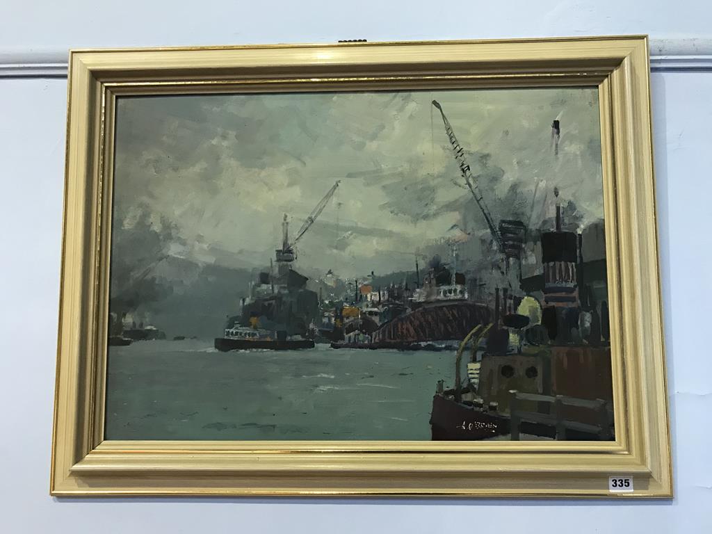 Alf O'Brien (1912 - 1988), oil on board, signed, 'Boats on the River Tyne', 50 x 70cm - Image 2 of 2