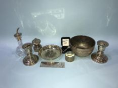 Assorted silver, to include a dish, pepper mill and napkin ring etc.