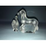 A frosted glass model of a Lalique horse, 10cm height, and a miniature cockerel 7.5cm height