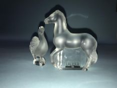 A frosted glass model of a Lalique horse, 10cm height, and a miniature cockerel 7.5cm height