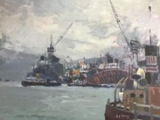 Alf O'Brien (1912 - 1988), oil on board, signed, 'Boats on the River Tyne', 50 x 70cm