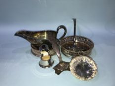 Assorted silver plate, to include wine coasters, a ladle, and a wine taster etc.