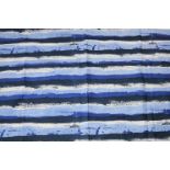 A piece of fabric, Edinburgh Weavers, with blue and white stripe pattern, 123cm wide x 1m 68cm long