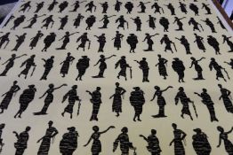 A roll of cream velvet fabric with 1920s female silhouette pattern, 142cm wide x 1m 63cm long