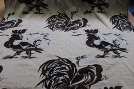 A roll of jacquard woven cotton fabric, Edinburgh Weavers, 1957, "Cockerels", designed by Hans