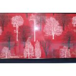 A framed panel of fabric, the red ground with black and white silhouette tress, 116cm wide x 46cm