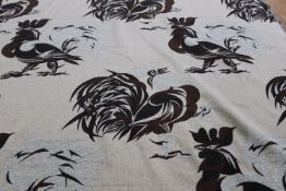 A roll of jacquard woven cotton fabric, Edinburgh Weavers, 1957, "Cockerels", designed by Hans