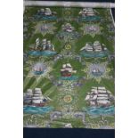 A roll of 1950s Maritime theme glazed printed fabric, with sailing ships and nautical designs,