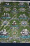 A roll of 1950s Maritime theme glazed printed fabric, with sailing ships and nautical designs,