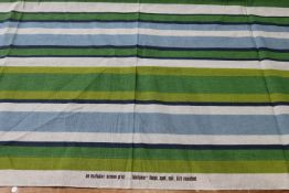 A piece of screen printed fabric "Lorelli", green and blue stripes, 141cm wide x 125cm long