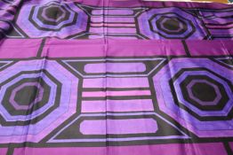 A piece of fabric, Edinburgh Weavers, the purple ground with a large geometric design in purple