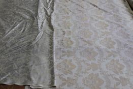 Three rolls of Damasco fabric in pale gold, 124cm wide x 18m 85cm long, rose gold, 145cm wide x 9m