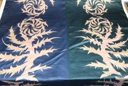 A roll of sateen finish fabric, Edinburgh Weavers, "Acanthus", in moss green and midnight blue,