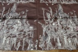 A screen printed piece of Sanderson "Cathedral" fabric, on brown ground, (stained), 125cm x 73cm