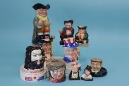 Three Royal Doulton Toby jugs, 'The International Collection', two Doulton Dickens figures, three