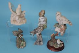 Six Border Fine Arts figures, 'Little Owl', 'A Watchful Eye', 'Plain Owl At Window', 'Snowy Owl', '