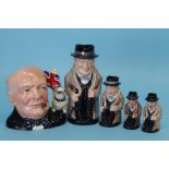 A set of four Royal Doulton 'Winston Churchill' Toby jugs and a 'Churchill' character jug (5), no