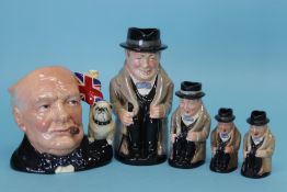 A set of four Royal Doulton 'Winston Churchill' Toby jugs and a 'Churchill' character jug (5), no