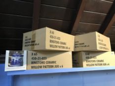 Four boxes, each containing six Willow pattern Ringtons jugs