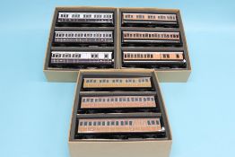 Three boxed sets of three Ace Trains railway coaches, set number 6, LSWR, set number 8, '
