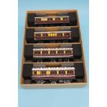 A boxed set of four Darstaed GWR railway coaches, a boxed Ace Trains Brake Van and two boxed sets of