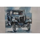 Signed watercolour of a vintage car, indistinct si