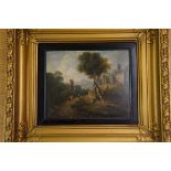 Early framed oil on board - castle & landscape sce